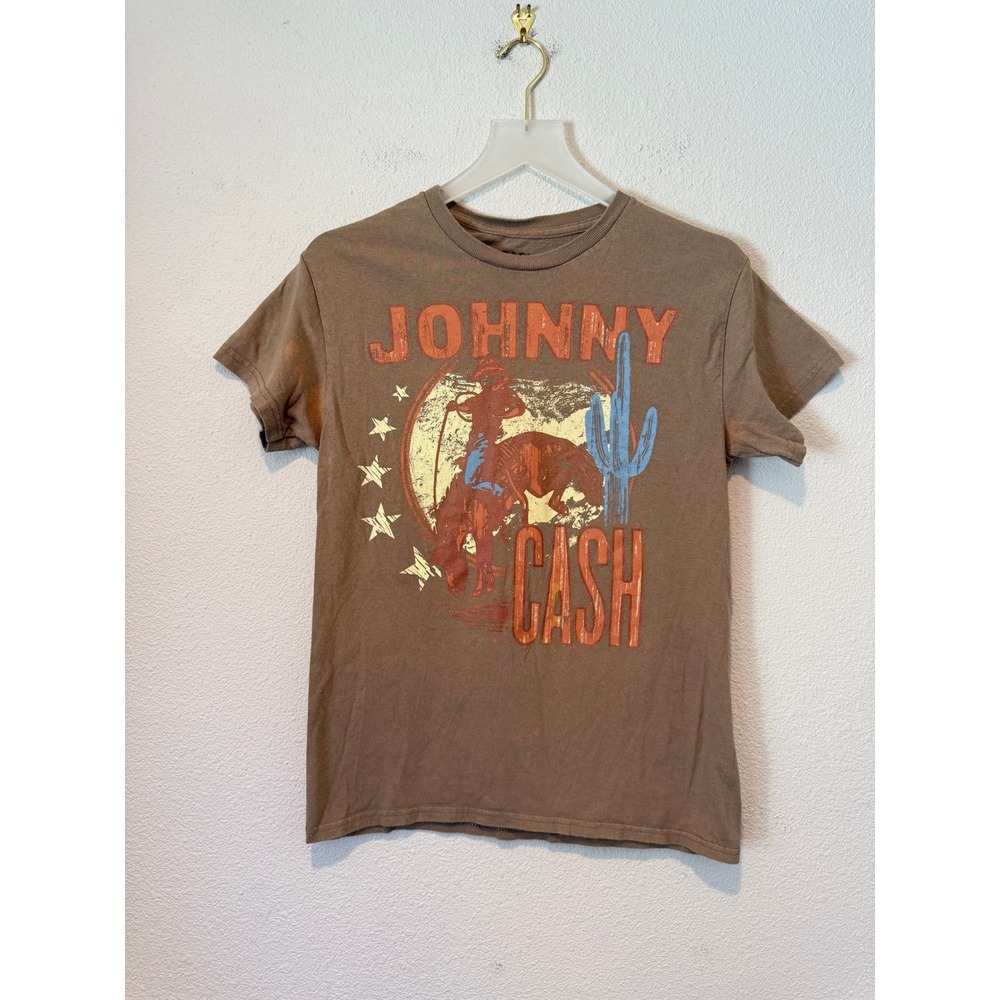 Johnny Cash Graphic T-Shirt Brown Western Bronco Cactus Small Distressed Tee